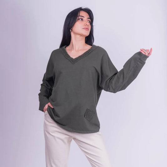 Polera Italiana Manga Larga de Algodón con Detalles de Cotelé