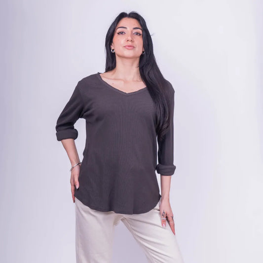 Polera Manga Larga de Algodón Acanalado Café