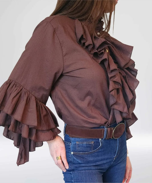Blusa Vuelos Manga Larga Café