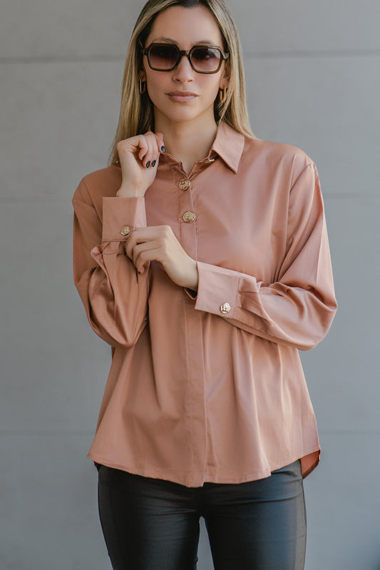 Blusa Italiana Cobre Rosa Botones Dorados