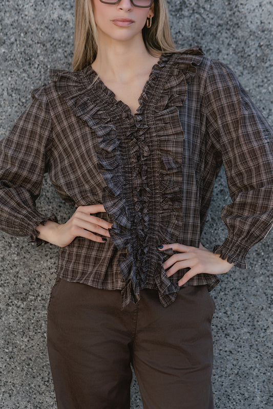 Blusa Italiana Cuadrillé Café con Vuelos