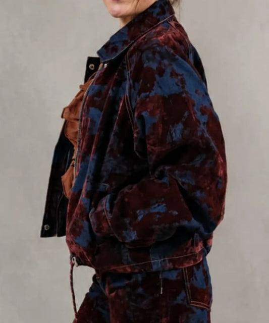 Chaqueta Italiana Denim y Aplicaciones tipo Terciopelo Burdeo