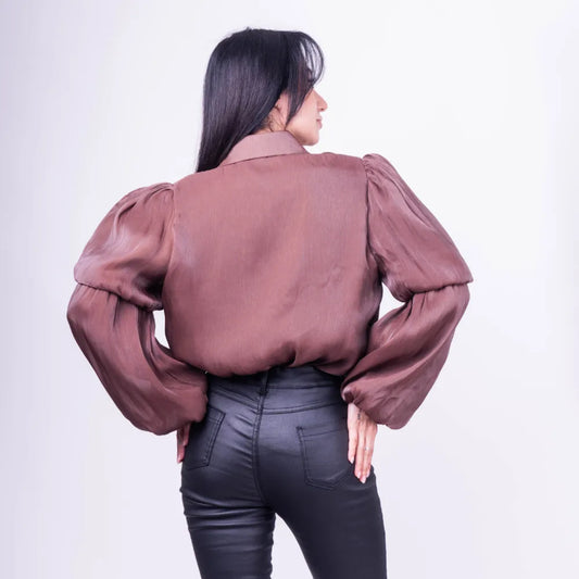 Blusa de Organza con Mangas Globo y Aplicaciones Brillantes