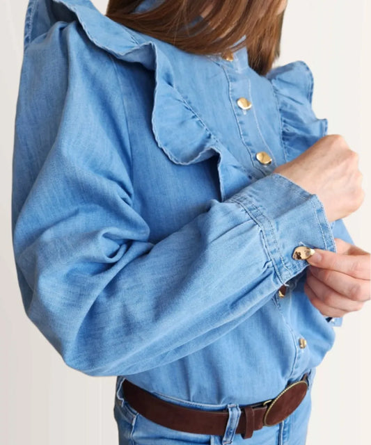 Blusa Denim Vuelos Botones Dorados