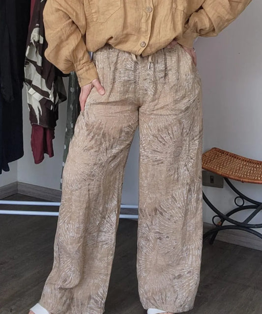 Pantalón Italiano de Lino Estampado en Tonos Beige