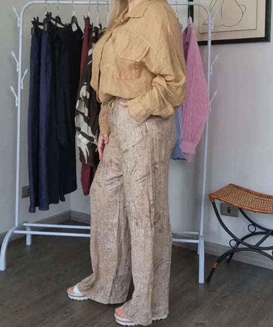 Pantalón Italiano de Lino Estampado en Tonos Beige
