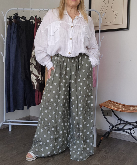 Pantalón Italiano de Lino Palazzo Verde con Lunares