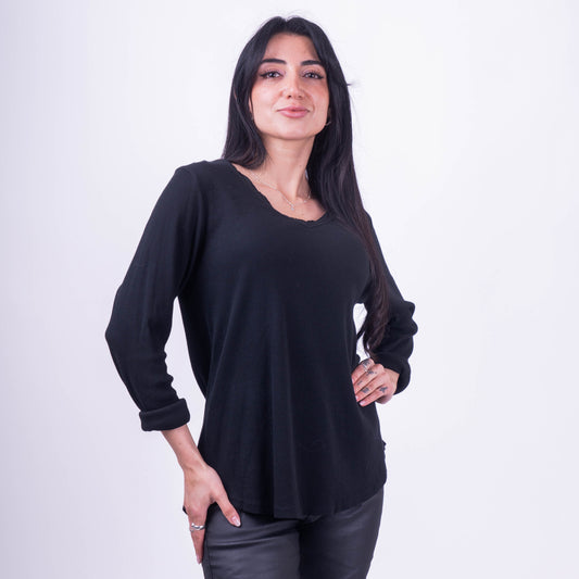 Polera Manga Larga Italiana de Algodón Acanalado Negra
