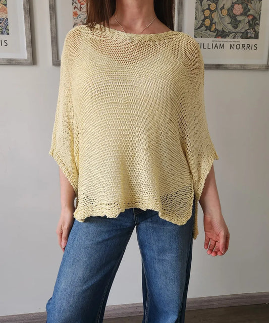 Sweater de hilo calado de mujer en rosa pastel, amarillo pastel y beige dorado
