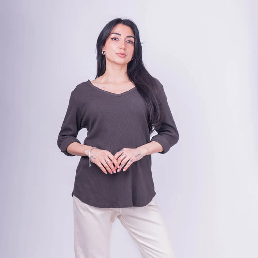 Polera Manga Larga de Algodón Acanalado Café