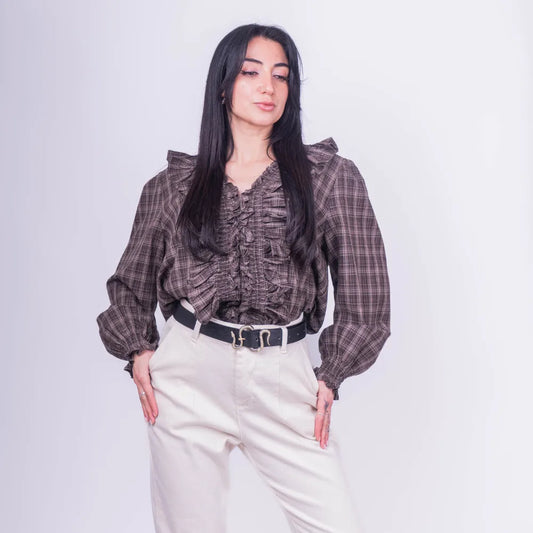 Blusa Italiana Cuadrillé Café con Vuelos