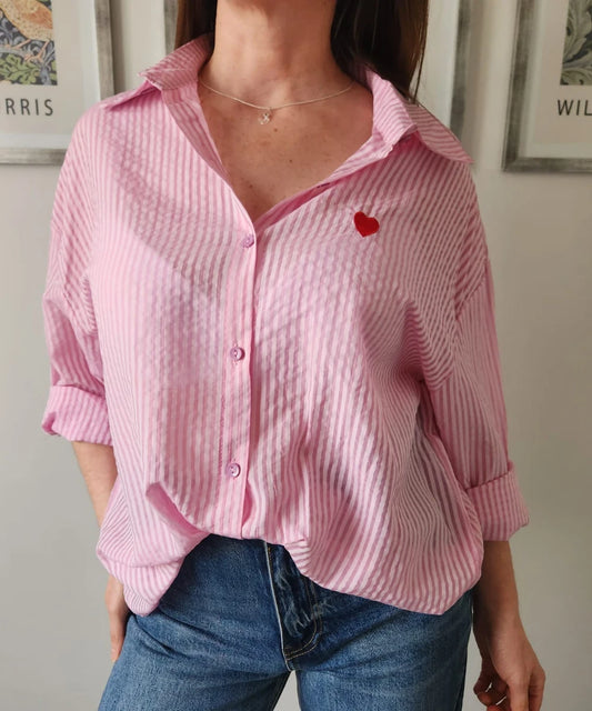 Blusa italiana a rayas con corazón — Celeste y rosa