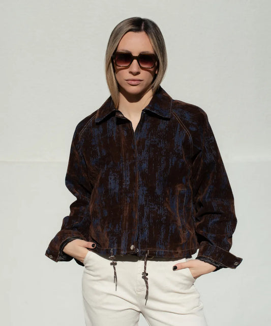 Chaqueta Italiana Denim y Aplicaciones Terciopelo Café