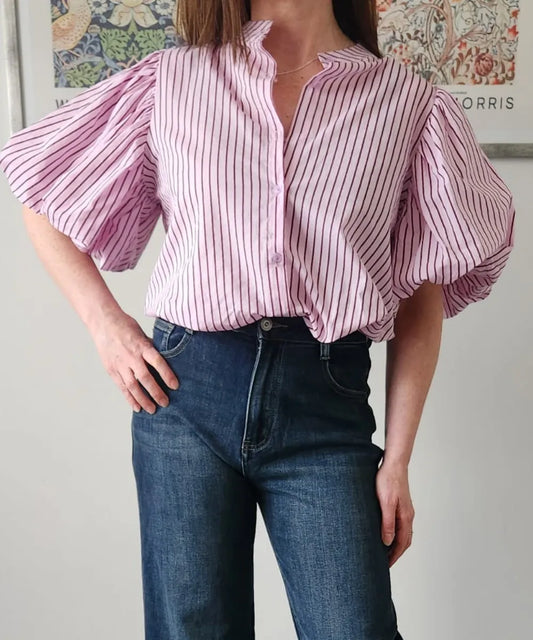 Blusa manga globo rayas finas rosa y amarillo