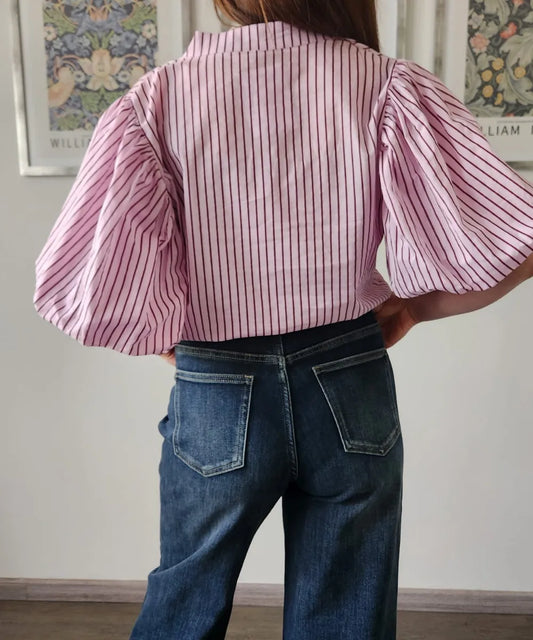 Blusa manga globo rayas finas rosa y amarillo
