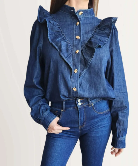 Blusa de Mezclilla con Vuelos y Botones Dorados