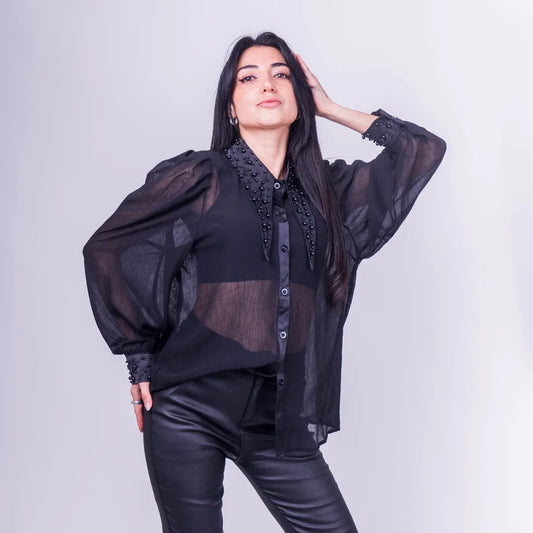 Blusa Negra Transparente con Perlas