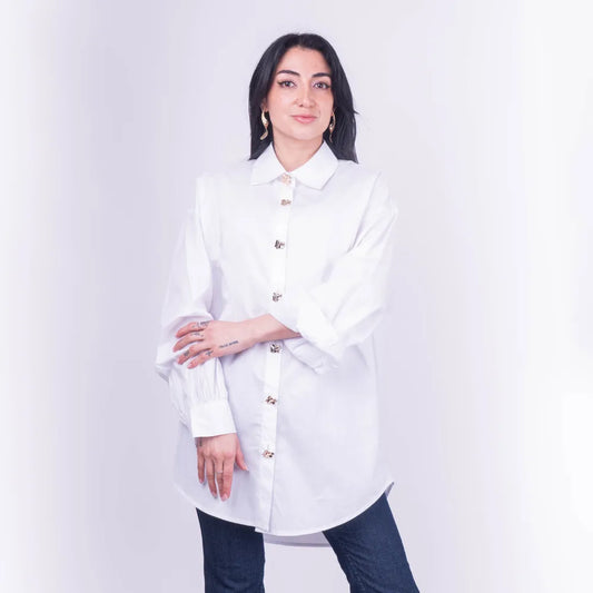 Blusa Italiana Blanca Larga con Botones Dorados