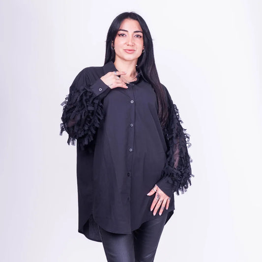 Blusa Camisera Italiana Oversize con Mangas de Gasa y Flecos