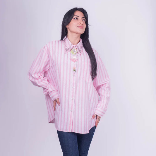 Blusa Rosa Rayada con Brillos y Aplicaciones Florales