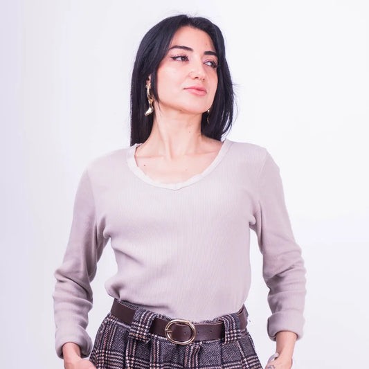 Polera Manga Larga de Algodón Acanalado Beige
