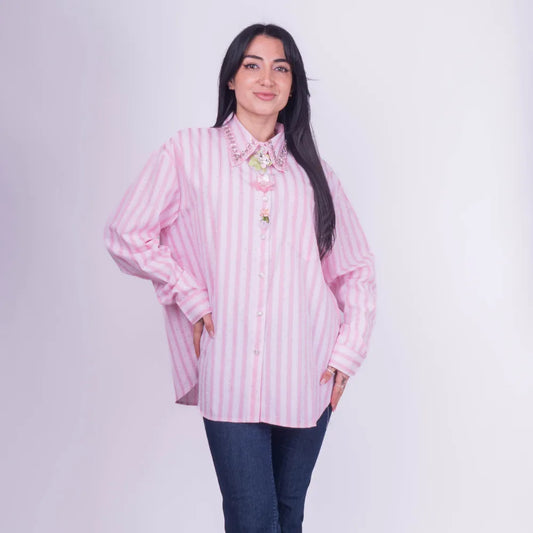 Blusa Rosa Rayada con Brillos y Aplicaciones Florales