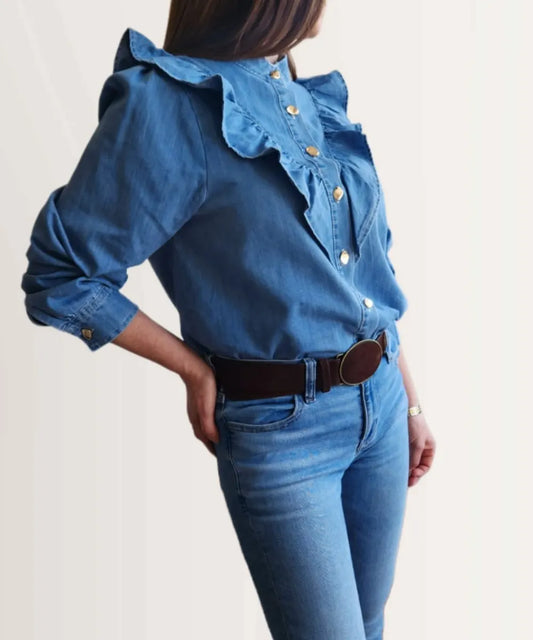 Blusa Denim Vuelos Botones Dorados