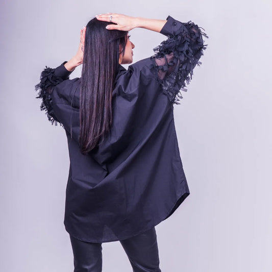 Blusa Camisera Italiana Oversize con Mangas de Gasa y Flecos