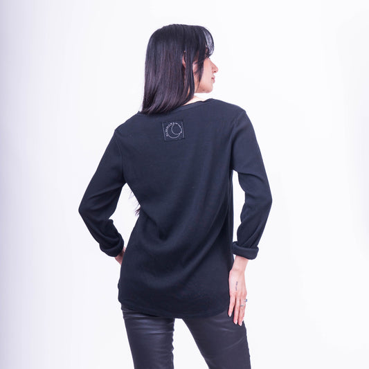 Polera Manga Larga Italiana de Algodón Acanalado Negra