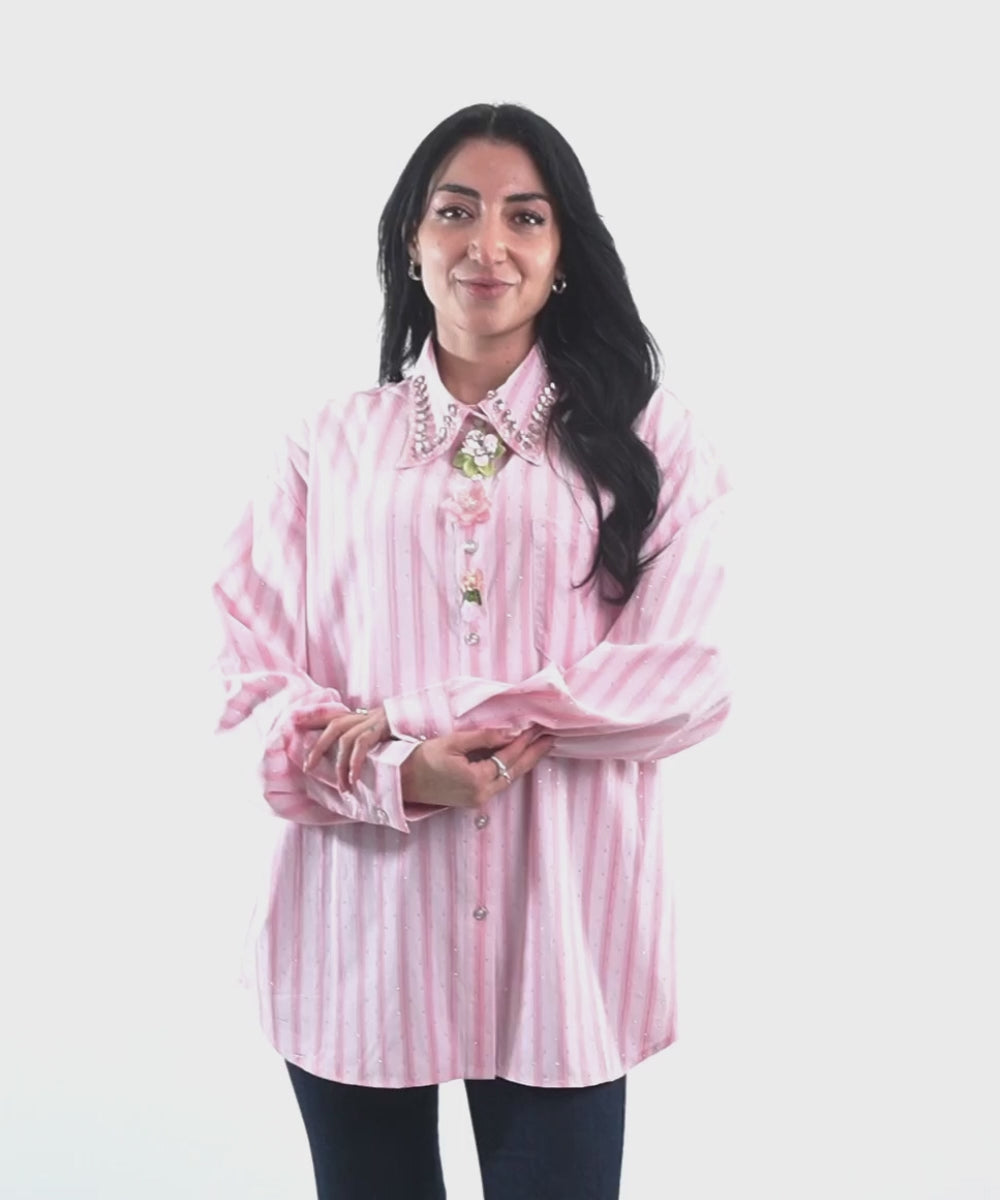 Blusa Rosa Rayada con Brillos y Aplicaciones Florales