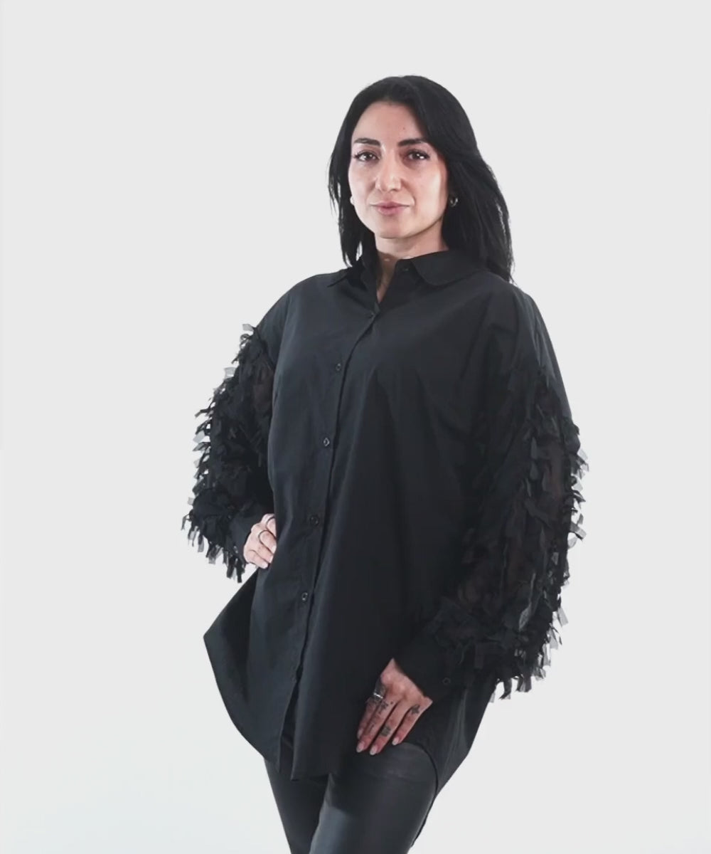 Blusa Camisera Italiana Oversize con Mangas de Gasa y Flecos