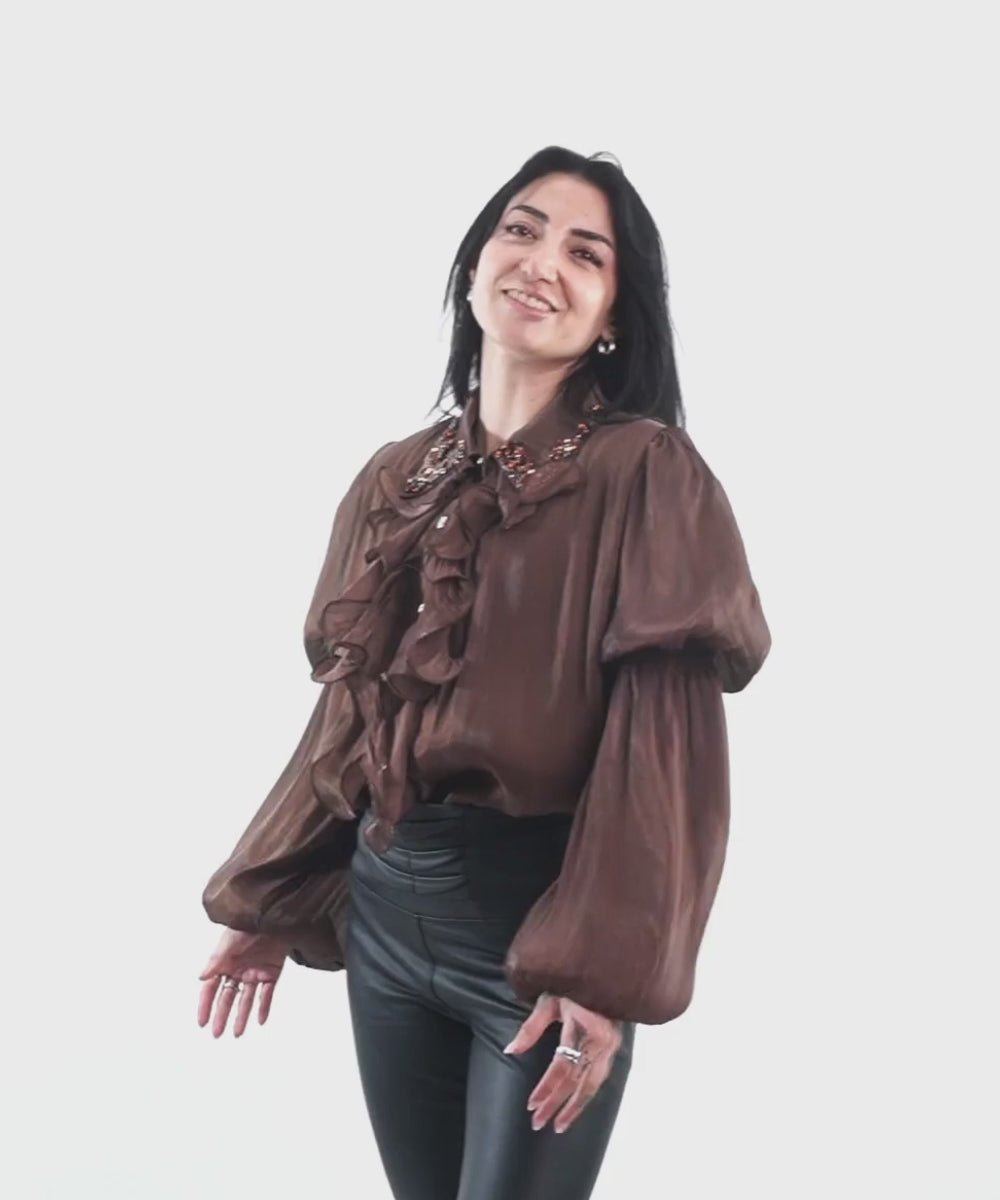 Blusa de Organza con Mangas Globo y Aplicaciones Brillantes