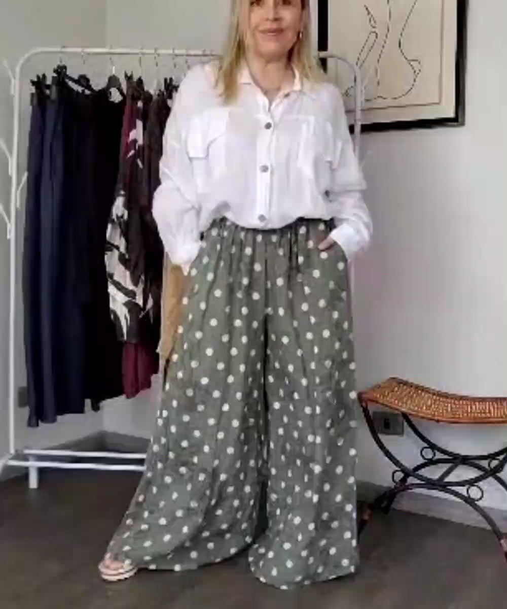 Pantalón Italiano de Lino Palazzo Verde con Lunares