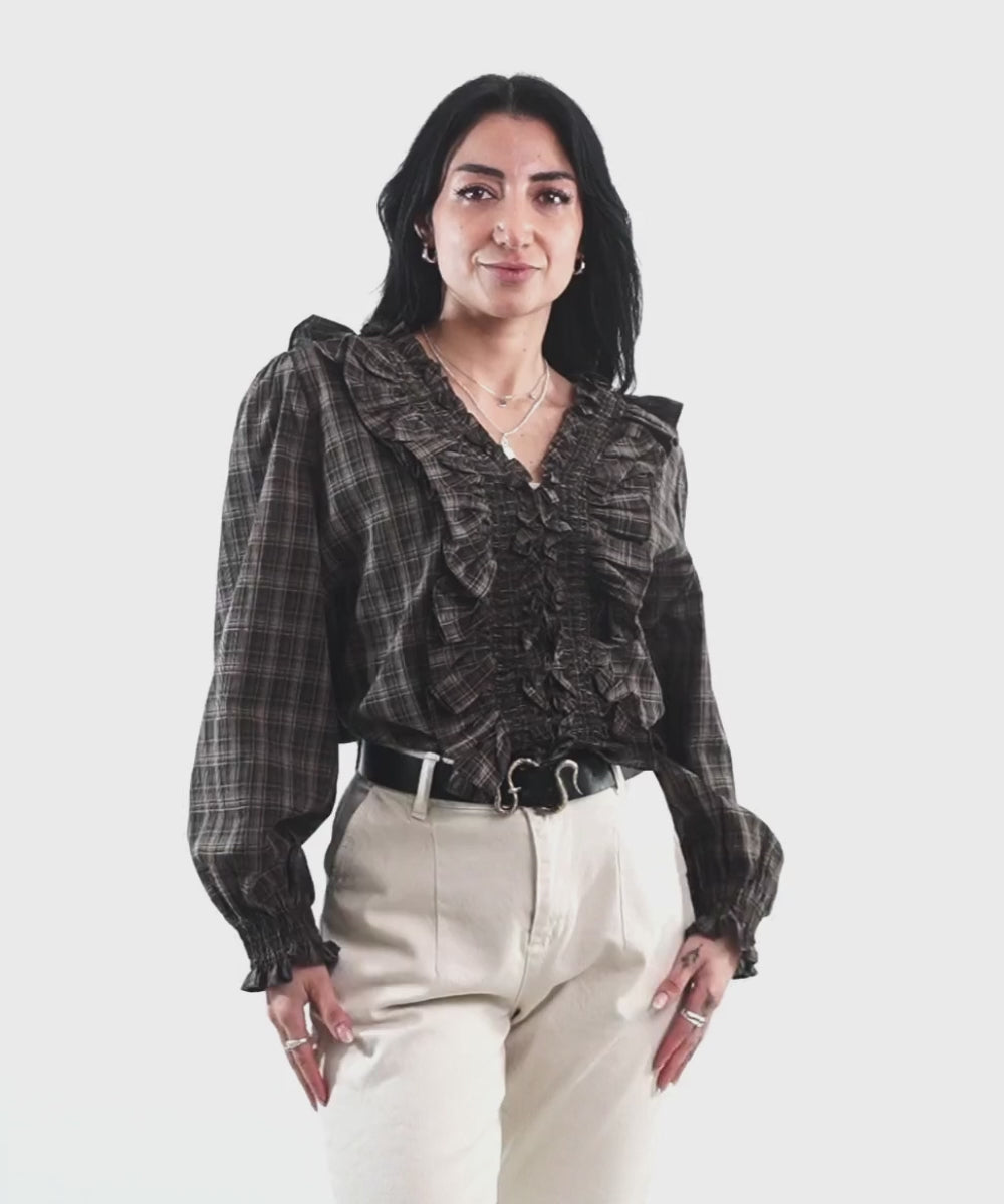 Blusa Italiana Cuadrillé Café con Vuelos