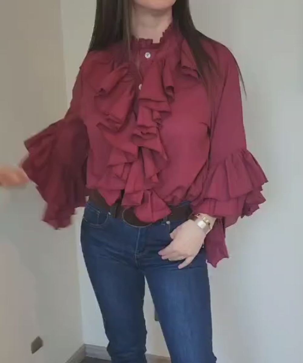 Blusas Vuelos Manga Larga Burdeo