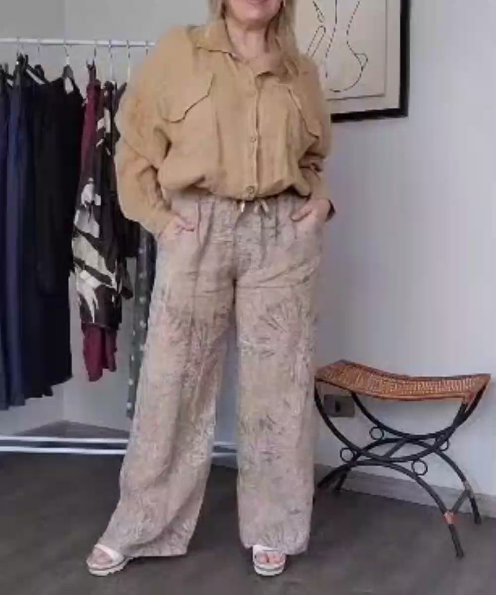 Pantalón Italiano de Lino Estampado en Tonos Beige