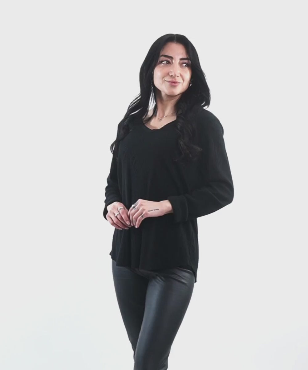 Polera Manga Larga Italiana de Algodón Acanalado Negra