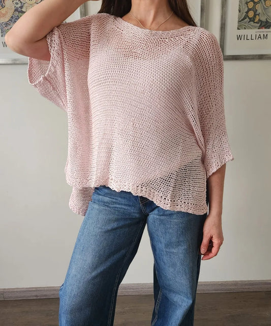 Sweater de hilo calado de mujer en rosa pastel, amarillo pastel y beige dorado
